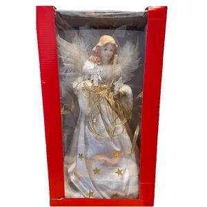 Kurt Adler Angel Christmas Tree Topper 12" White & Gold Illuminated Lights‎ Up